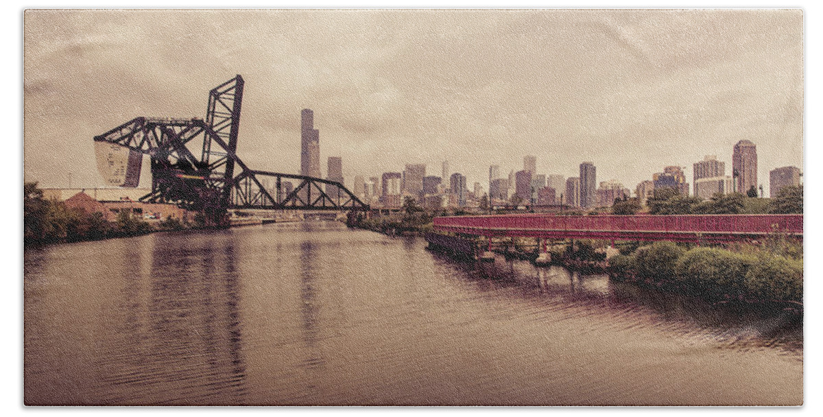 Chicago Bath Towel featuring the photograph Chicago Skyline from the Southside with Red Bridge by Anthony Doudt