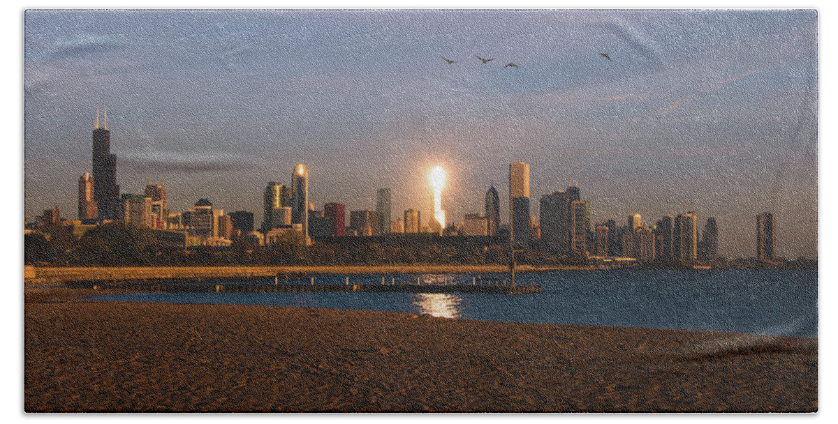 Chicago Hand Towel featuring the photograph Chicago Skyline Morning Glow by Jay Smith