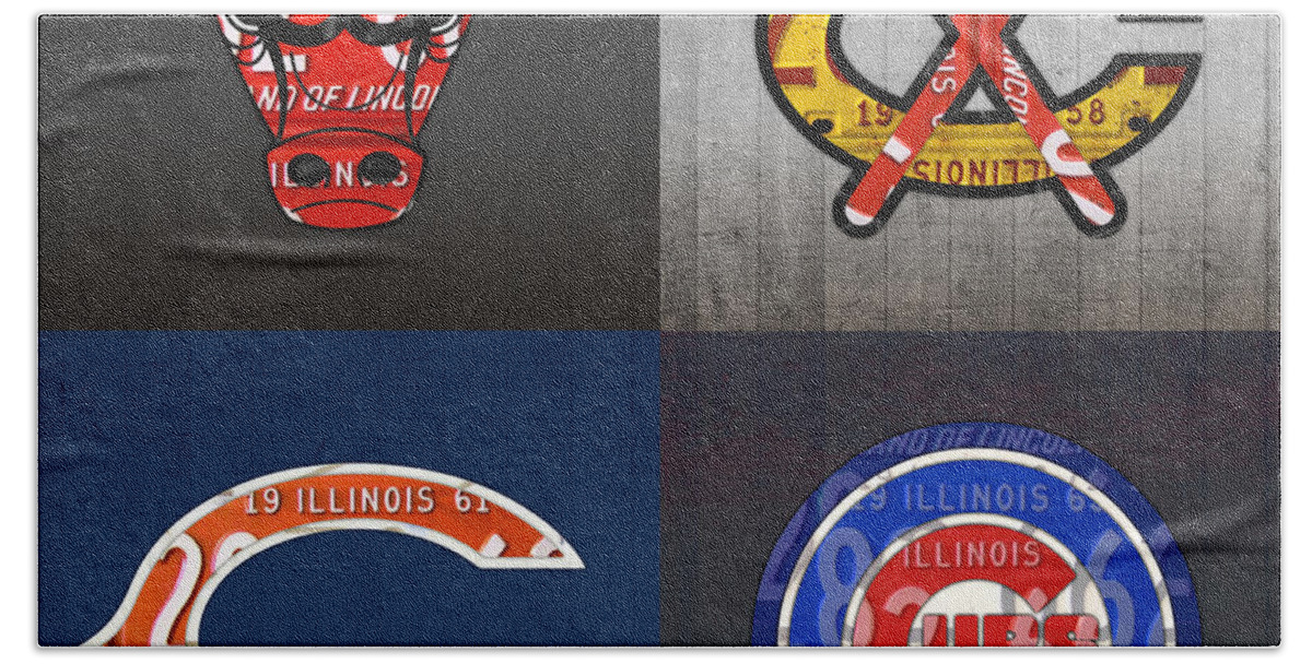 Chicago Hand Towel featuring the mixed media Chicago Sports Fan Recycled Vintage Illinois License Plate Art Bulls Blackhawks Bears and Cubs by Design Turnpike