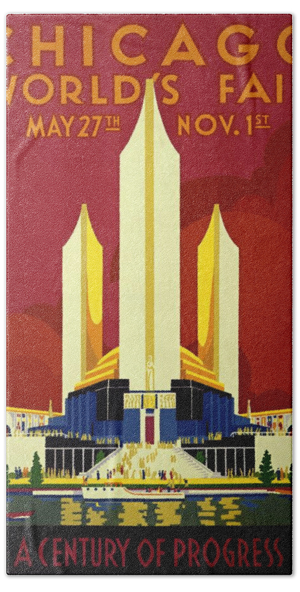 Art Deco Hand Towel featuring the digital art Chicago Worlds Fair 1933 Poster by Vincent Monozlay