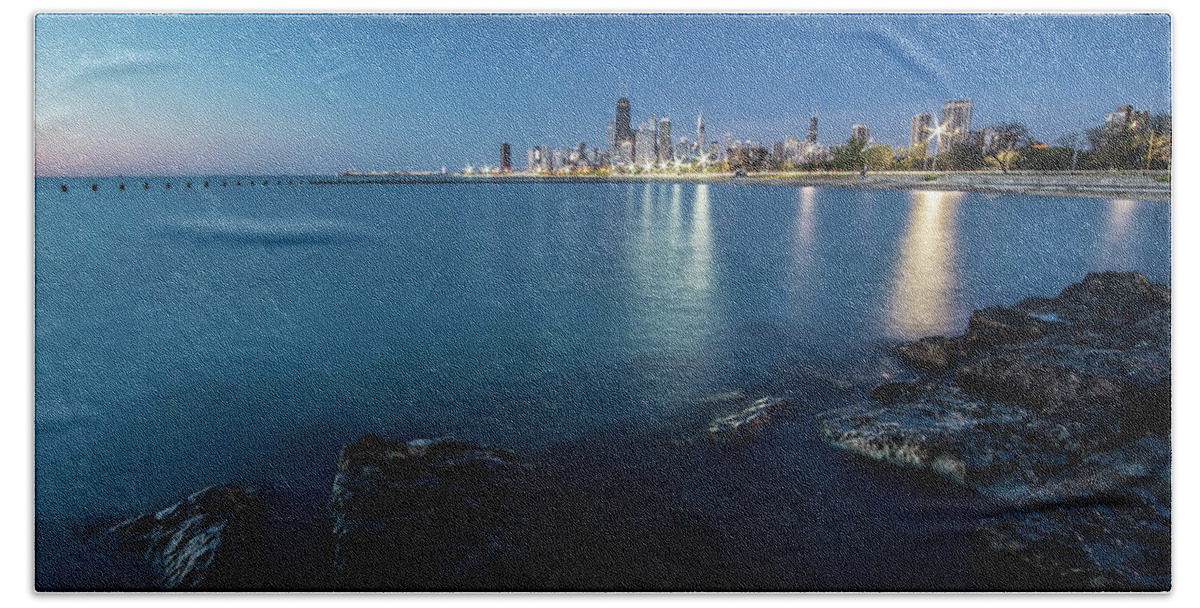 Lake Michgan Bath Towel featuring the photograph Chicago's Lakefront and skyline at dawn by Sven Brogren