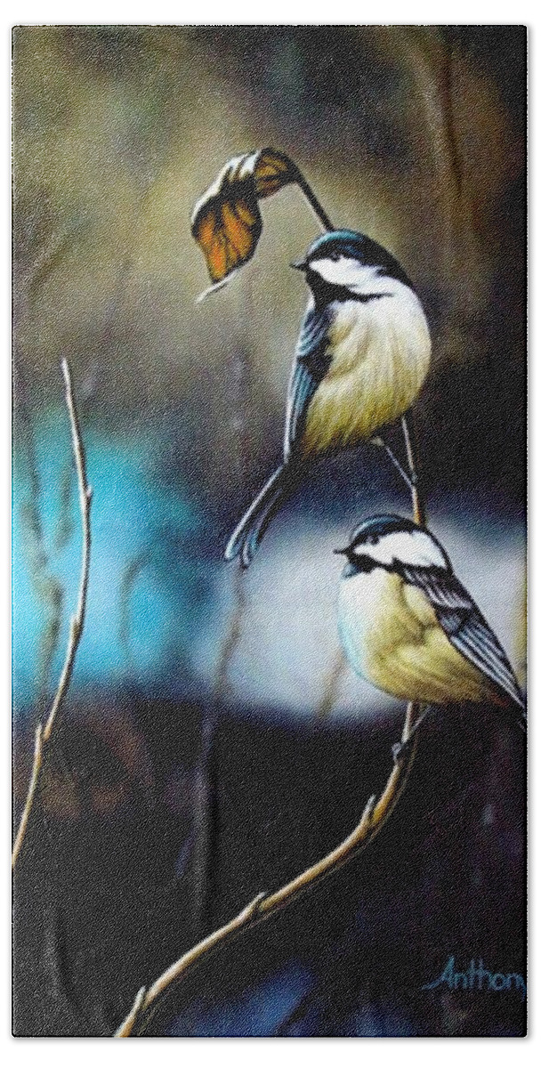 Chickadees Bath Towel featuring the painting Chickadees by Anthony J Padgett