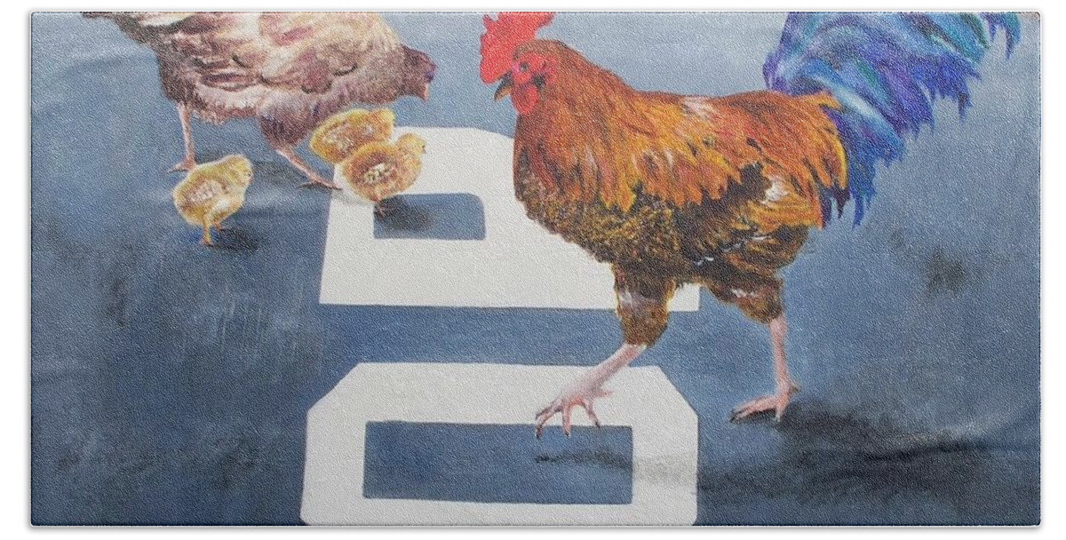 Rooster Hand Towel featuring the painting Chicken Crossing by Celene Terry