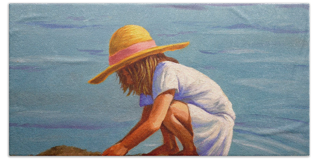 Child Bath Towel featuring the painting Child playing in the sand by Christopher Shellhammer