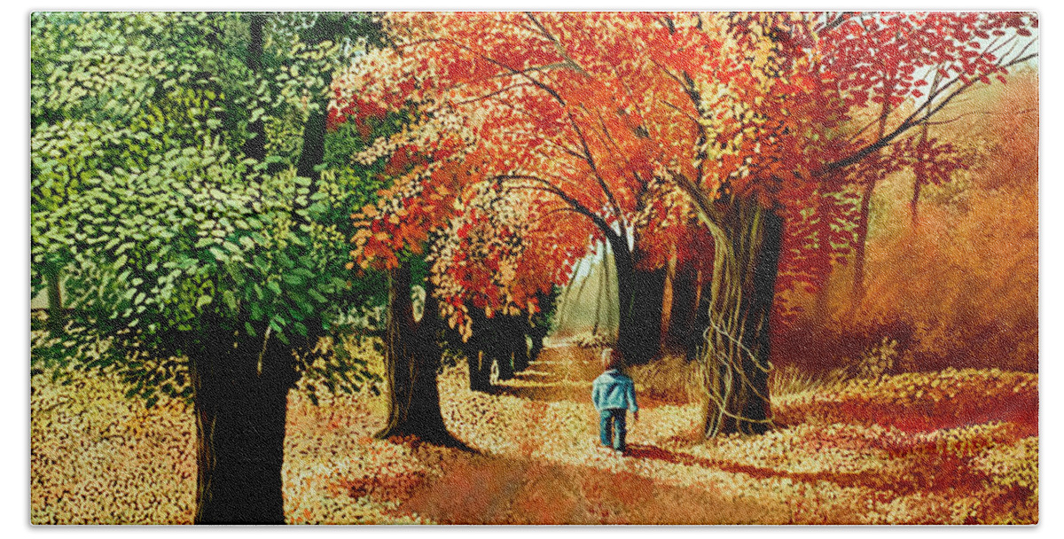 Fall Bath Towel featuring the painting Child walking into the Autumn Forest by Christopher Shellhammer