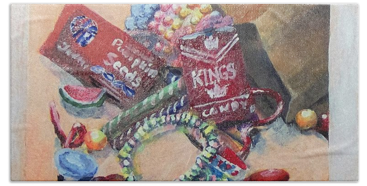 Candy Bath Towel featuring the painting Childhood Treasure by Saundra Johnson