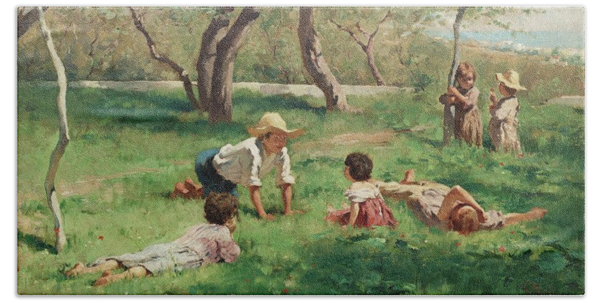 Georg Pauli Bath Towel featuring the painting Children Playing Outdoors by MotionAge Designs