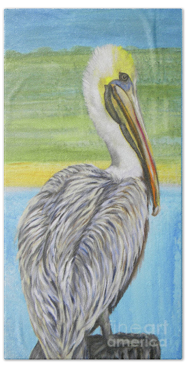 Pelican Bath Towel featuring the painting Chillin by JoAnn Wheeler
