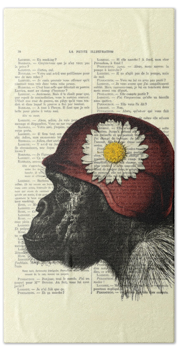 Chimp Hand Towel featuring the mixed media Chimpanzee with helmet daisy flower dictionary art by Madame Memento