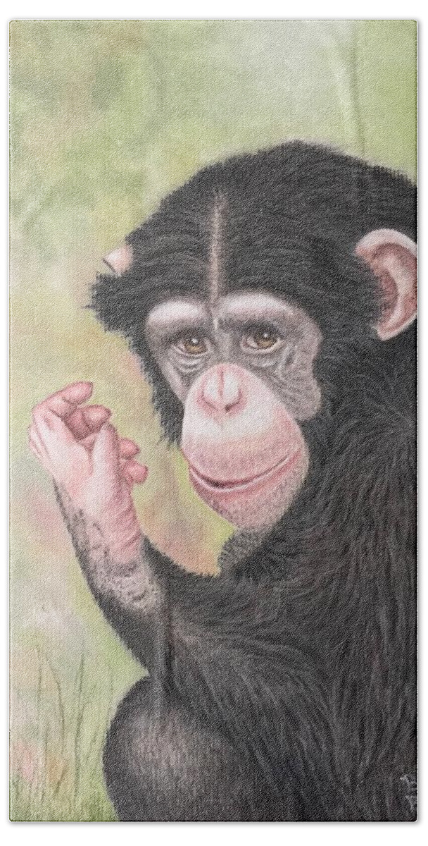 Chimpanzee Hand Towel featuring the pastel Chimpanzee by Brenda Bonfield