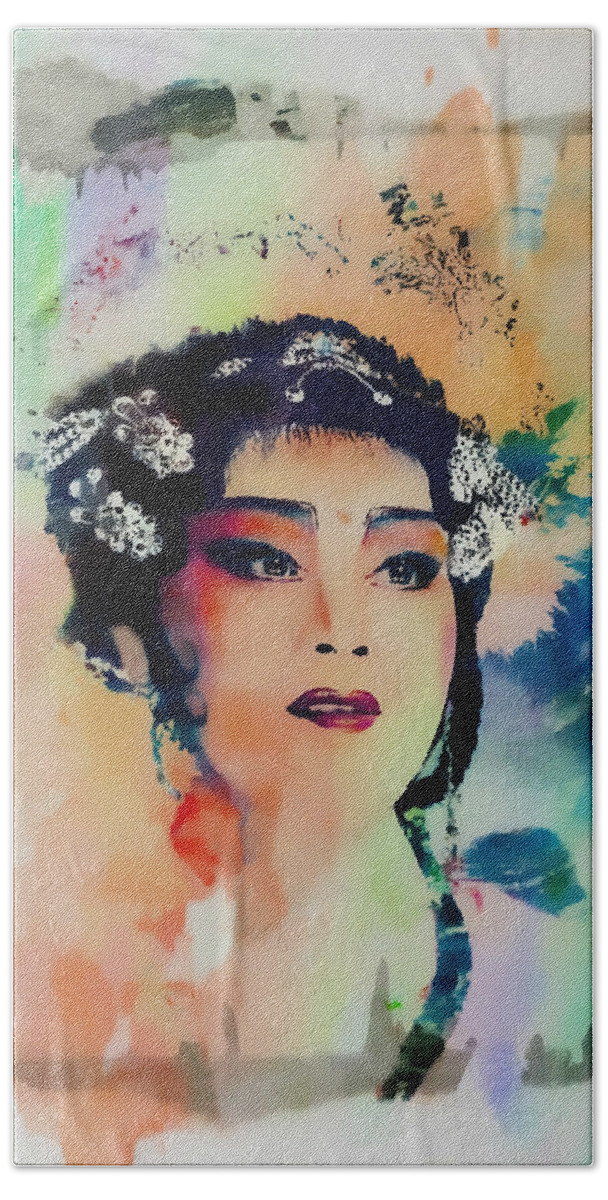 China Girl Bath Sheet featuring the painting Chinese Cultural Girl - Digital Watercolor by Ian Gledhill