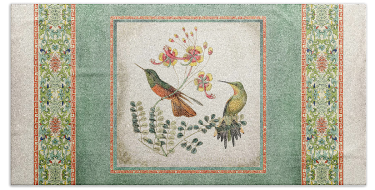Chinese Ornamental Paper Hand Towel featuring the digital art Chinoiserie Vintage Hummingbirds n Flowers 1 by Audrey Jeanne Roberts