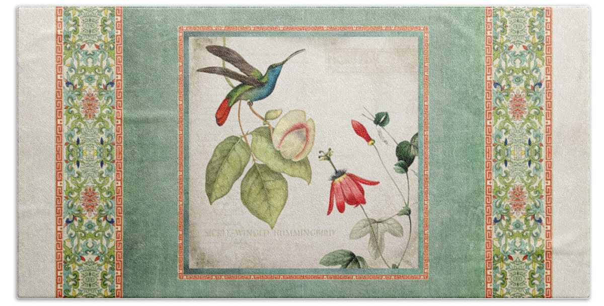 Chinese Ornamental Paper Bath Towel featuring the digital art Chinoiserie Vintage Hummingbirds n Flowers 2 by Audrey Jeanne Roberts