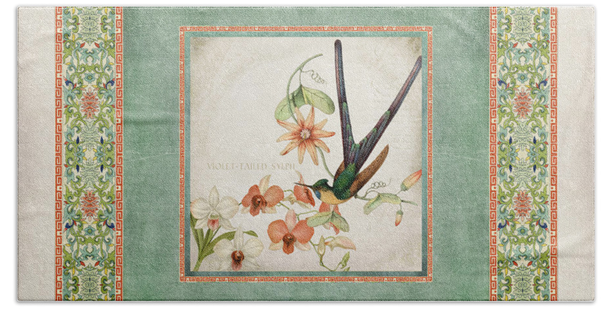 Chinese Ornamental Paper Hand Towel featuring the digital art Chinoiserie Vintage Hummingbirds n Flowers 3 by Audrey Jeanne Roberts