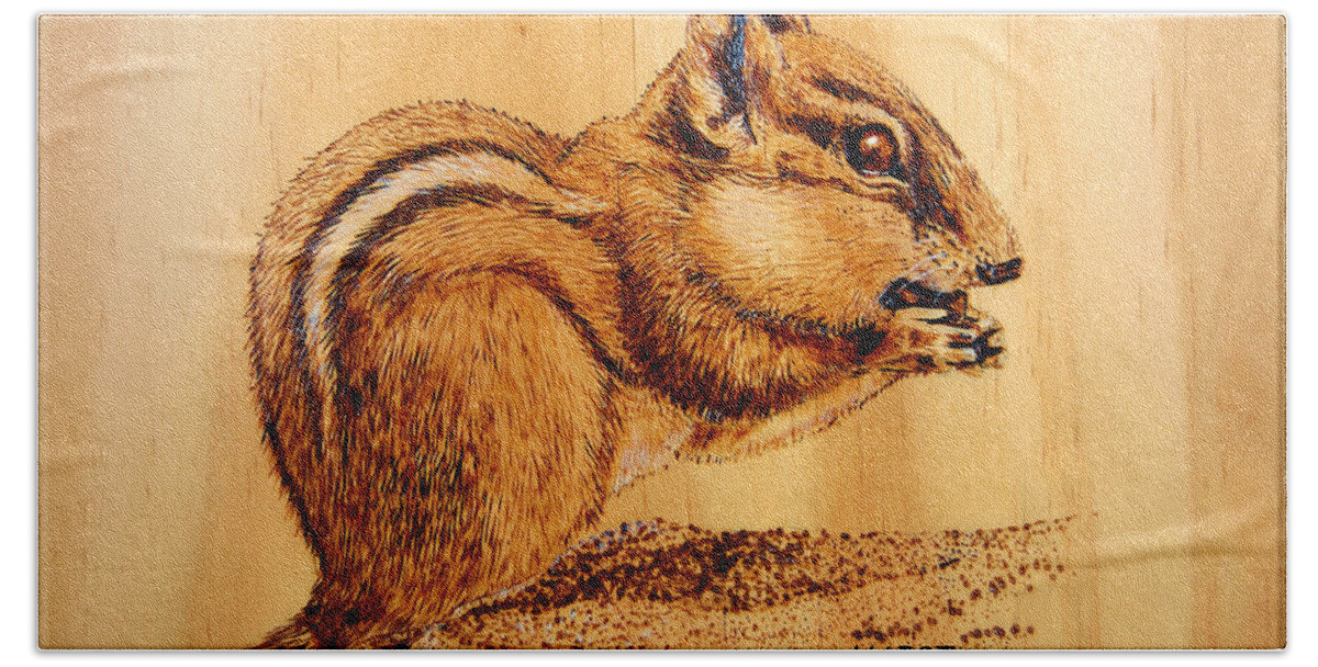 Chipmunk Hand Towel featuring the pyrography Chippies Lunch by Ron Haist