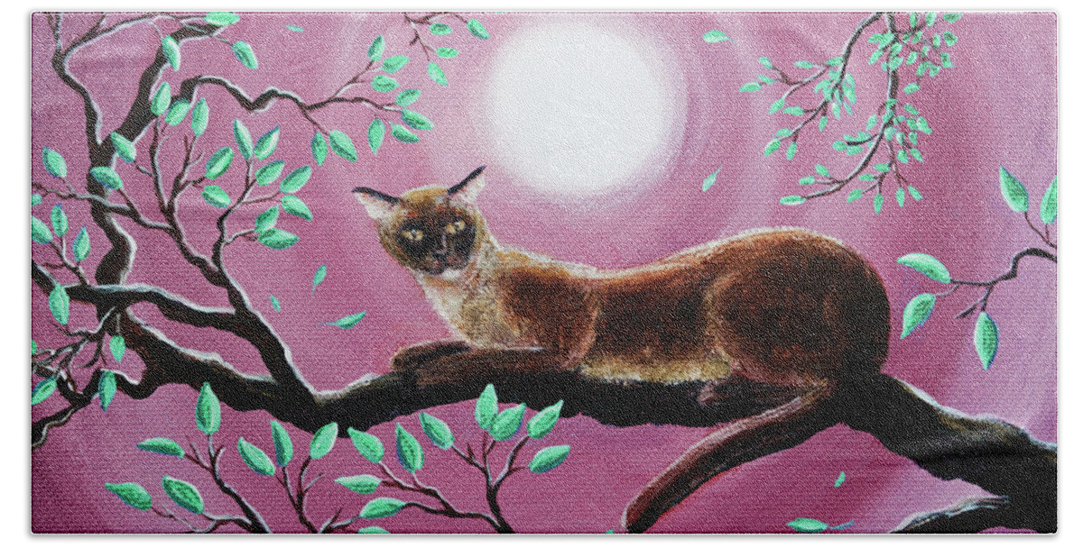 Burmese Bath Towel featuring the painting Chocolate Burmese Cat in Dancing Leaves by Laura Iverson