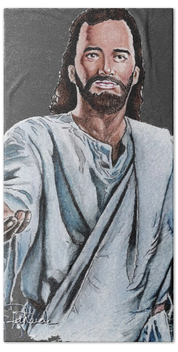 Jesus Bath Towel featuring the drawing Christ by Bill Richards