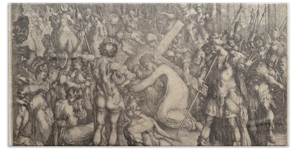 Jacques Bellange Bath Towel featuring the drawing Christ Carrying the Cross by Jacques Bellange