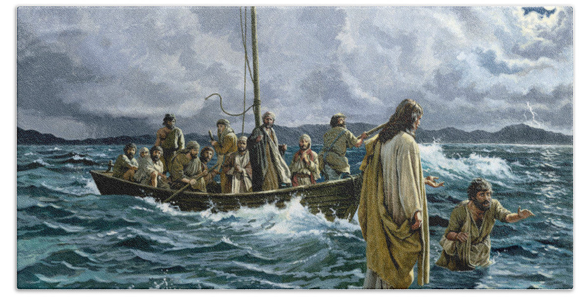 Christ Hand Towel featuring the painting Christ walking on the Sea of Galilee by English School