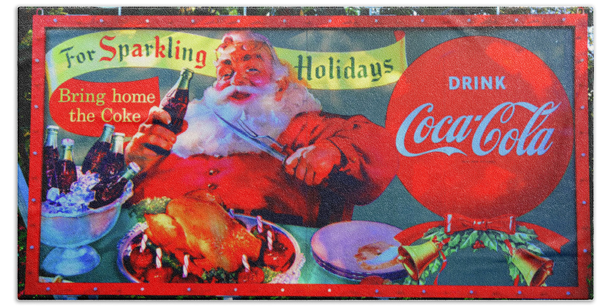 Vintage Christmas Billboard Sign Bath Towel featuring the photograph Christmas and Coke billboard sign by David Lee Thompson