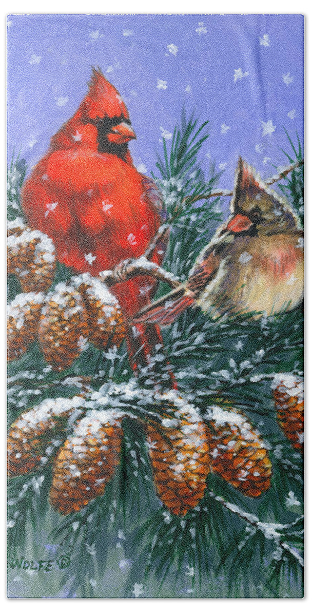 Cardinal Bath Towel featuring the painting Christmas Cardinals #1 by Richard De Wolfe