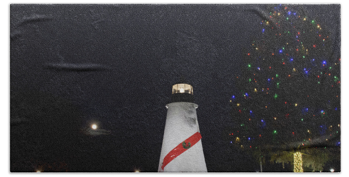 Lighthouse Hand Towel featuring the photograph Christmas Lighthouse by Gary Wightman