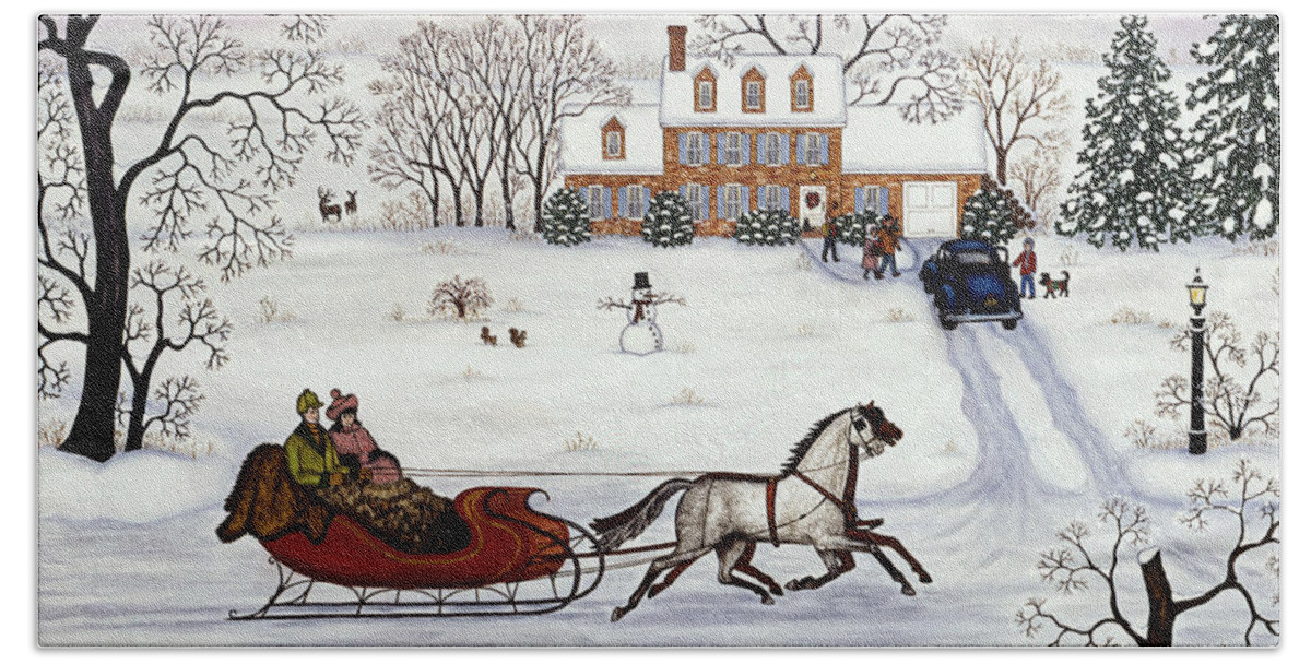 Christmas Sleigh Ride Bath Towel featuring the painting Christmas Sleigh Ride by Linda Mears