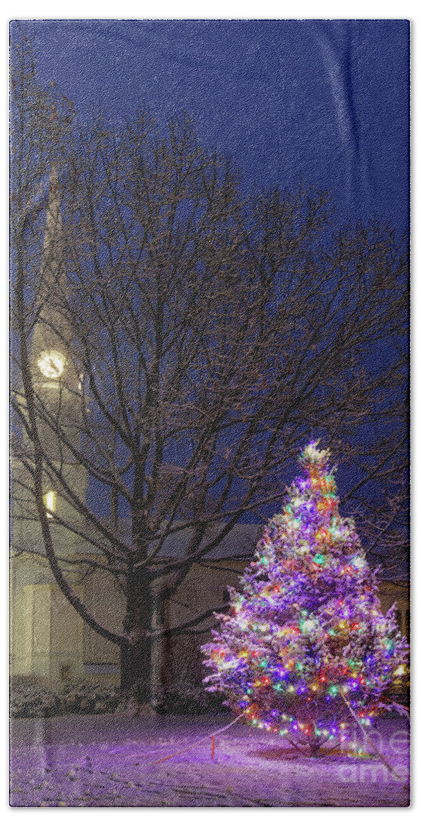 Church Bath Towel featuring the photograph Christmas tree and church, Maine by Kevin Shields