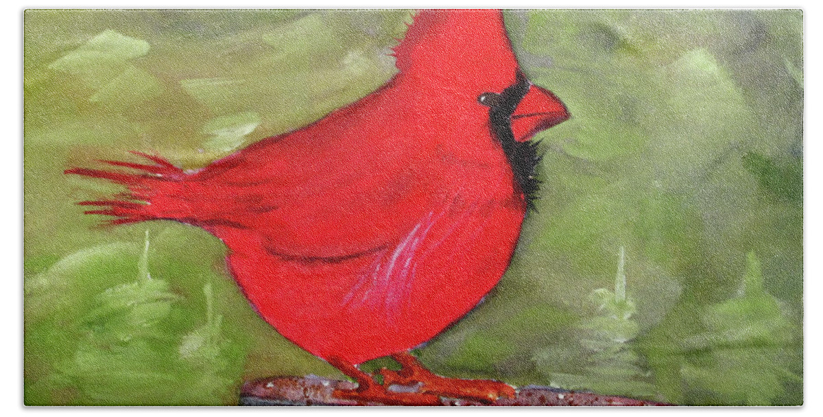Red Hand Towel featuring the painting Christopher Cardinal by Richard Stedman