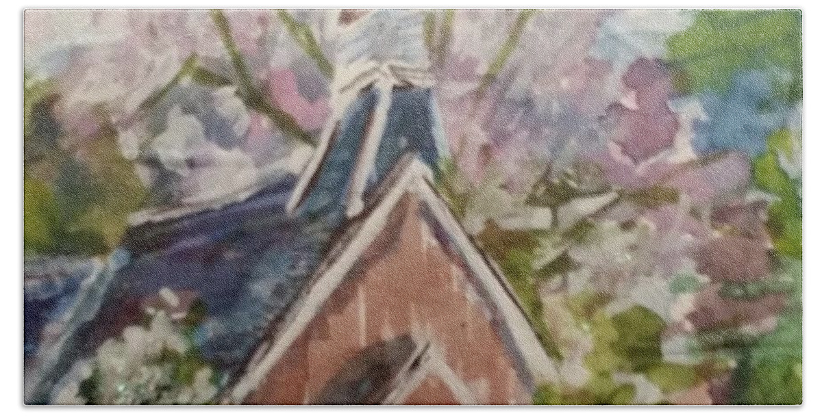 Church Hand Towel featuring the painting Church in the Wood by Cheryl Wallace