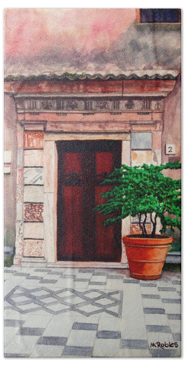 Church Bath Towel featuring the painting Church Side Door - Taormina Sicily by Mike Robles