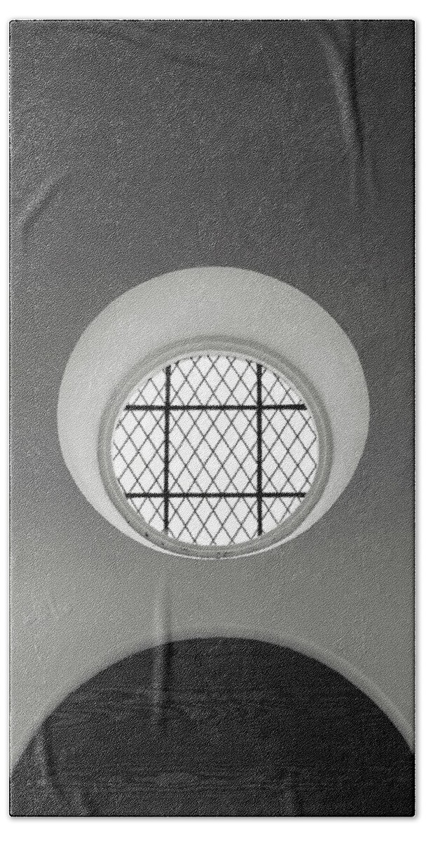 Window Hand Towel featuring the photograph Church Window in Black and White by Don Johnson