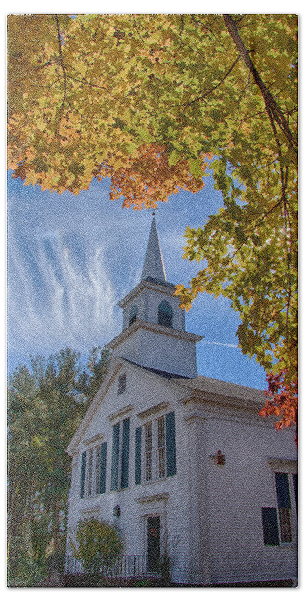 #jefffolger Bath Towel featuring the photograph Church with Mares tails above and fall foliage below by Jeff Folger