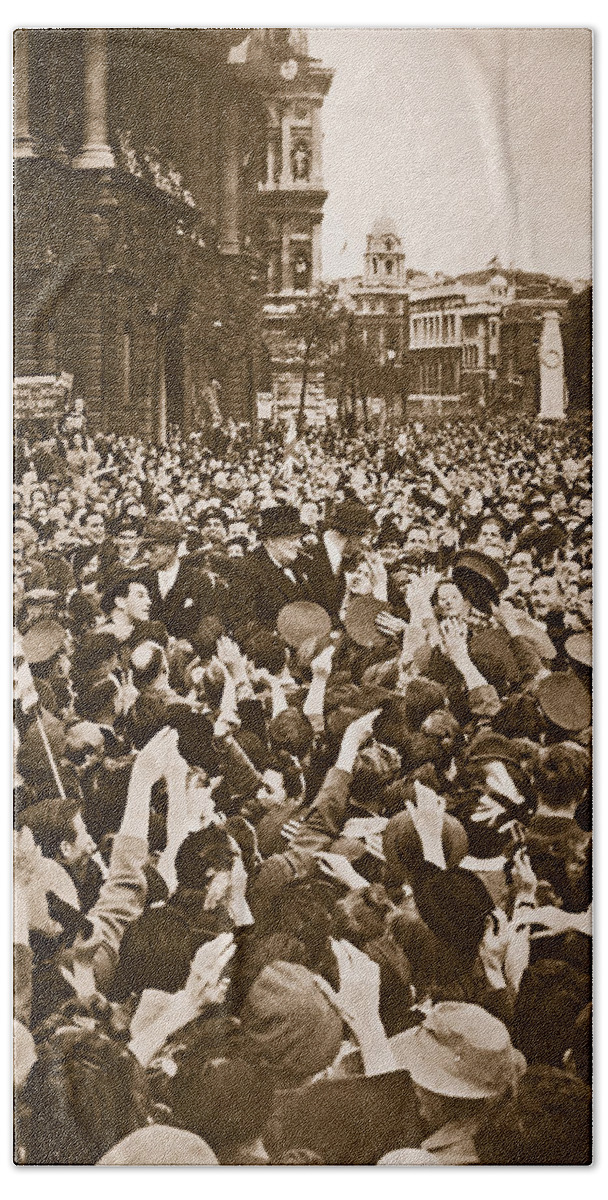 Churchill Bath Towel featuring the photograph Churchill mobbed in Whitehall on VE Day by English School