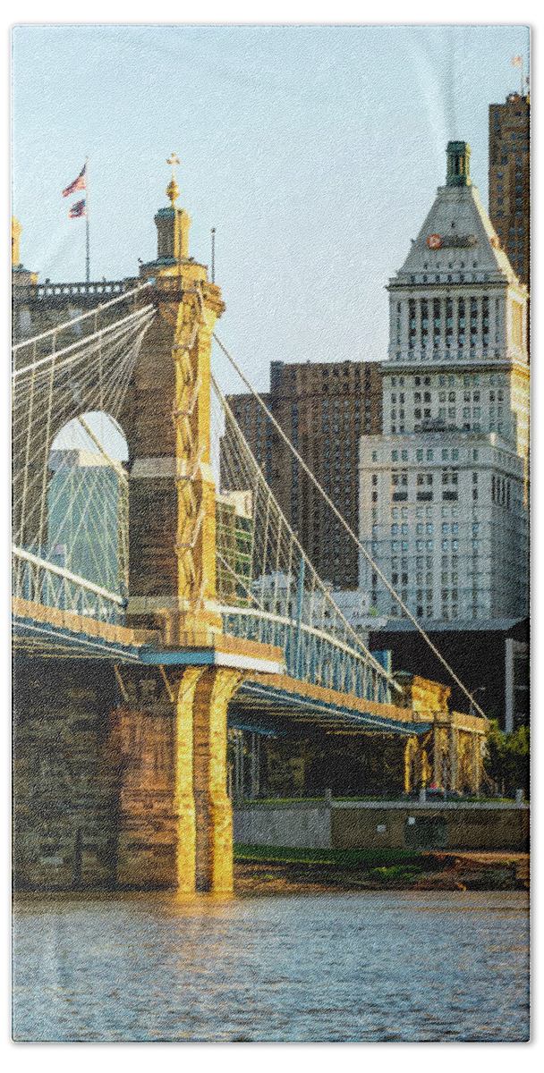 America Hand Towel featuring the photograph Cincinnati Skyscrapers and Roebling Bridge by Gregory Ballos