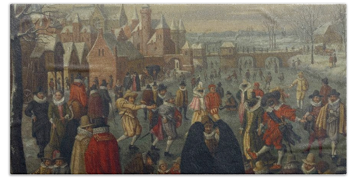 Circle Of Denijs Van Alsloot (brussels Before 1573-1625 6) A Winter Landscape With Skaters On A Frozen River Bath Sheet featuring the painting Circle Of Denijs Van Alsloot by MotionAge Designs