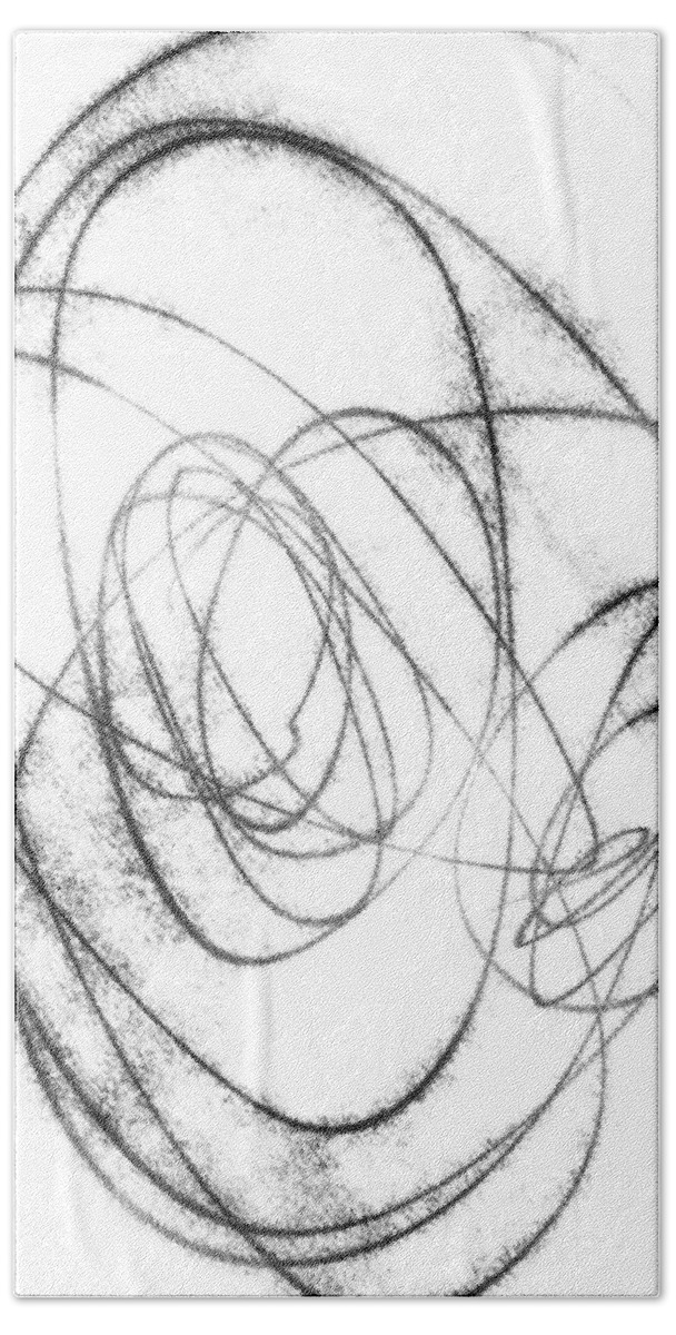 Black And White Abstract Line Drawing Bath Towel featuring the drawing Orbital Black and White Abstract Line Drawing by Janine Aykens