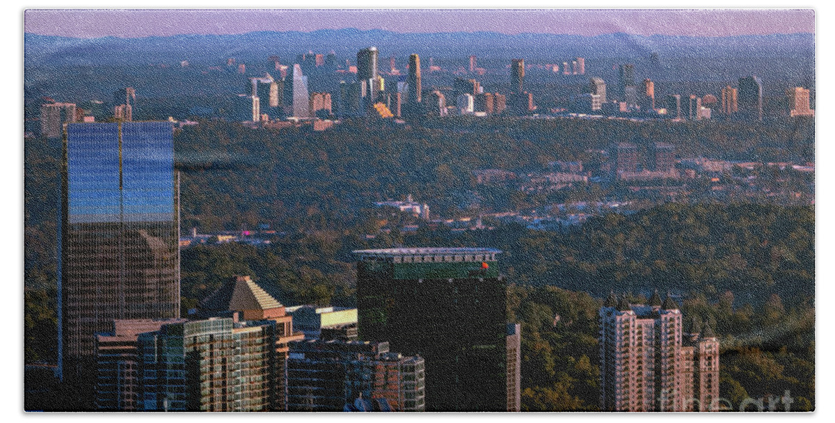 This Incredible View Taken From The Top Of The Bank Of America In Midtown Looking North Shows The Skylines Of Midtown Hand Towel featuring the photograph Cities Of Atlanta by Doug Sturgess