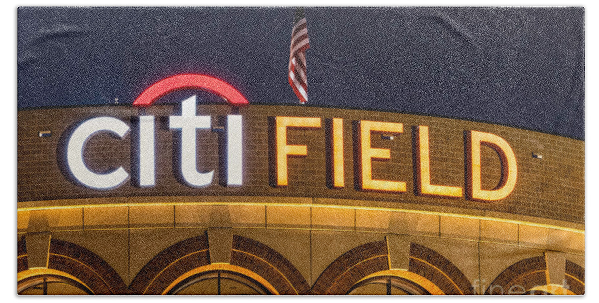 Arena Bath Towel featuring the photograph CitiFIELD Sign by Jerry Fornarotto