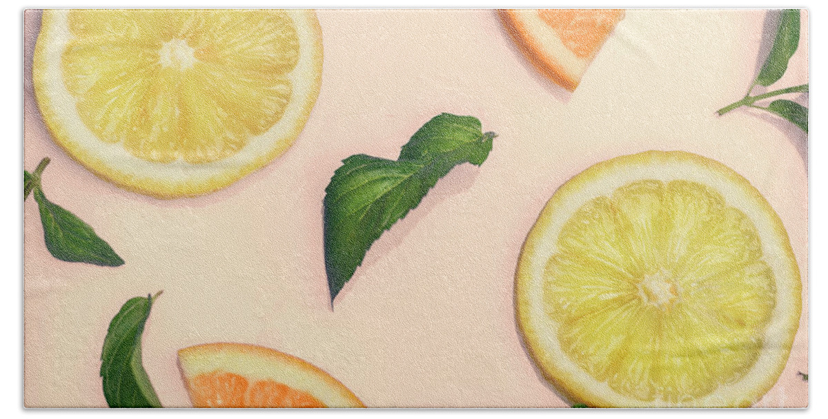 Citrus Hand Towel featuring the photograph Citrus pattern on retro pink background by Jelena Jovanovic
