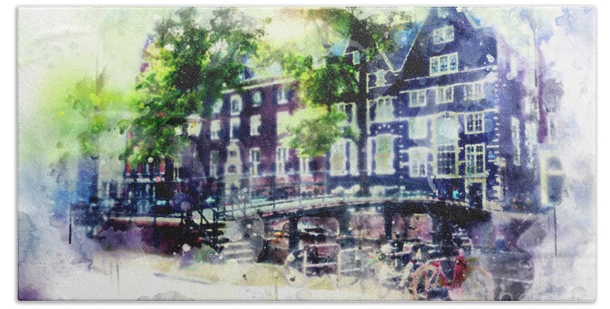 Amsterdam Hand Towel featuring the digital art city life in watercolor style - Old Amsterdam by Ariadna De Raadt