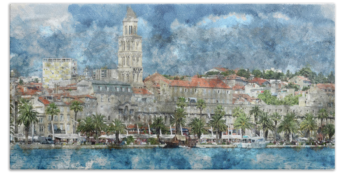 Ancient Hand Towel featuring the photograph City of Split in Croatia with Birds Flying in the Sky by Brandon Bourdages
