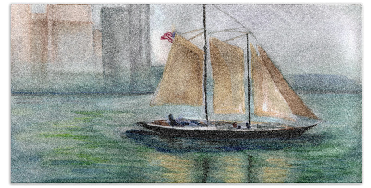 Sail Boats Hand Towel featuring the painting City Sail by Clara Sue Beym