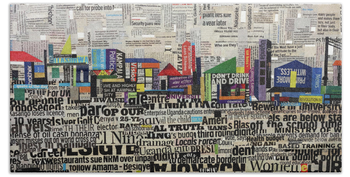 Collage Bath Towel featuring the mixed media City Scape by Ronex Ahimbisibwe