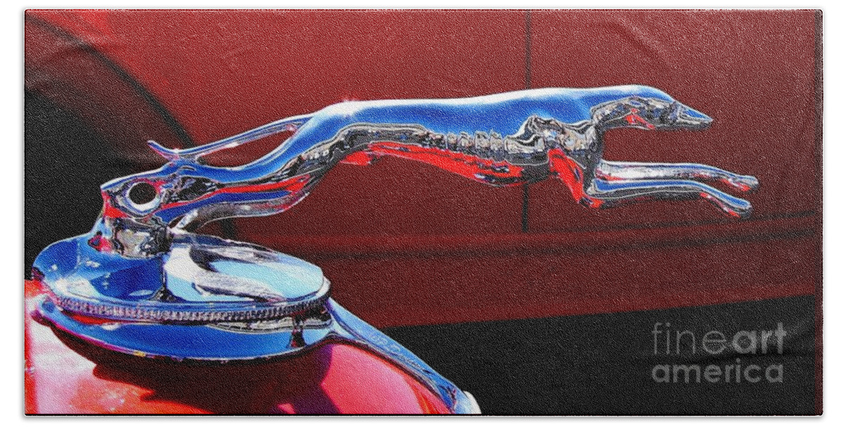 Hood Ornament Bath Towel featuring the photograph Classic Ford Greyhound Hood Ornament by Pat Davidson