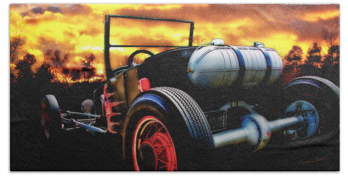 Ford Bath Towel featuring the photograph Classic Hot Rod T in a Stormy Sunset by Chas Sinklier