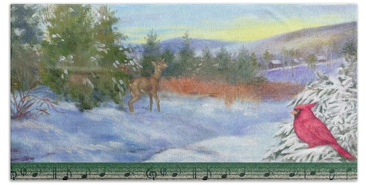 Snowscape Bath Towel featuring the painting Classic Winterscape with cardinal and reindeer by Judith Cheng