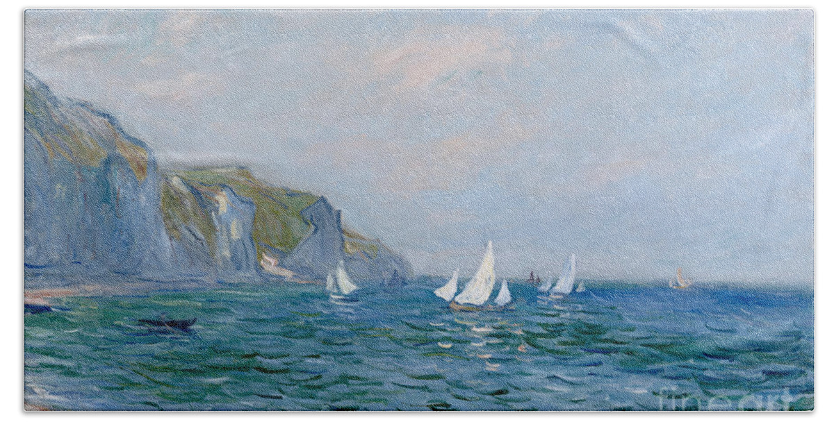 Cliffs And Sailboats At Pourville Bath Sheet featuring the painting Cliffs and Sailboats at Pourville by Claude Monet