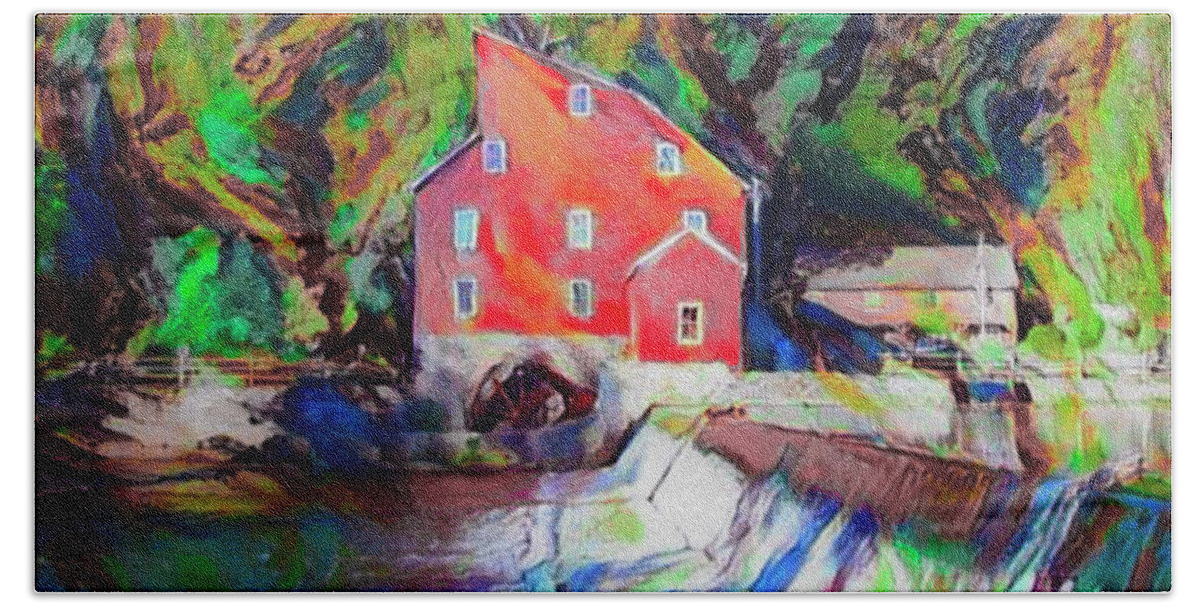 The Bath Towel featuring the painting Clinton New Jersey -The Red Mill on the Raritan River Watercol by Bill Cannon