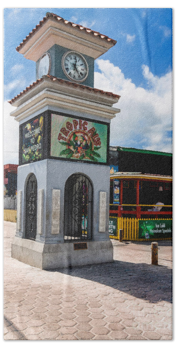 Ambergris Caye Bath Towel featuring the photograph Clock Tower by Lawrence Burry
